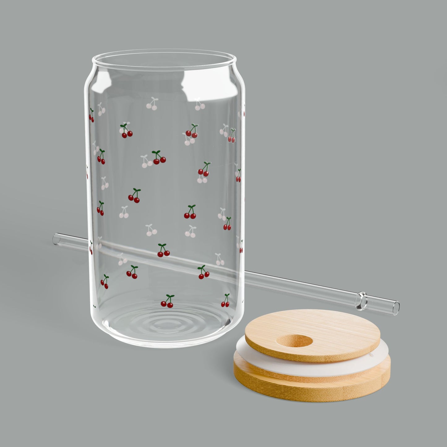Cherry Pattern Glass Sipper Cup – Bamboo Lid & Straw