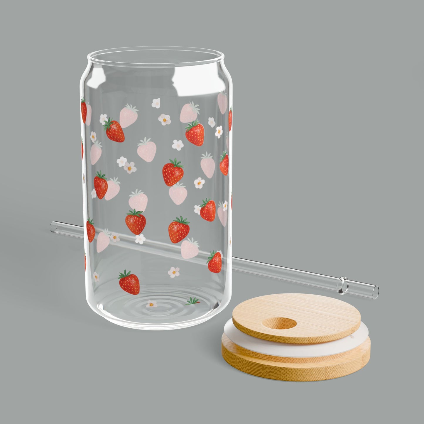 Strawberry Pattern Glass Cup — Bamboo Lid & Straw