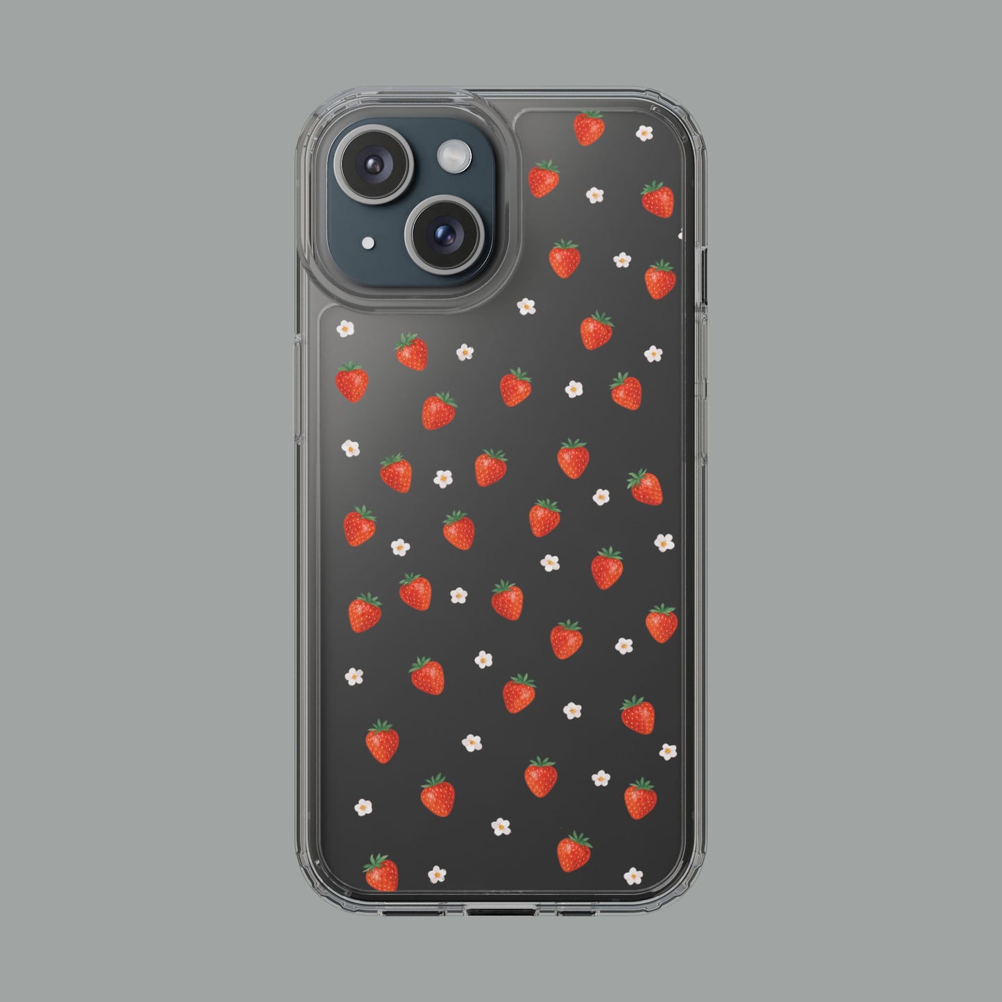 Strawberry Bloom Clear Phone Case — Minimal Floral Strawberry Pattern