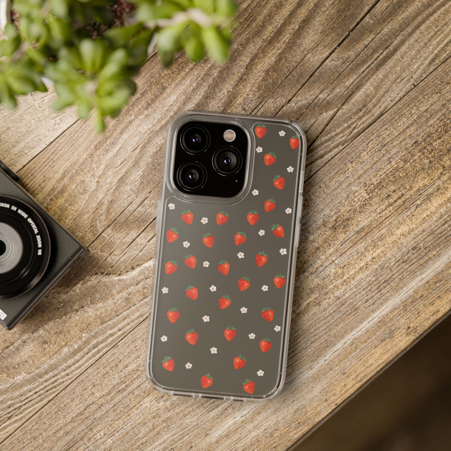 Strawberry Bloom Clear Phone Case — Minimal Floral Strawberry Pattern