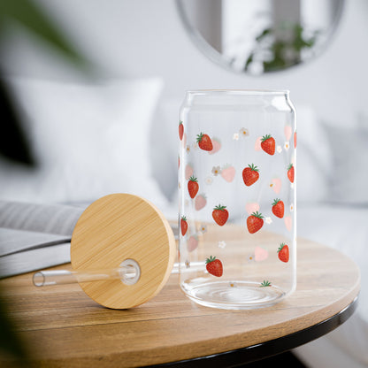 Strawberry Pattern Glass Cup — Bamboo Lid & Straw
