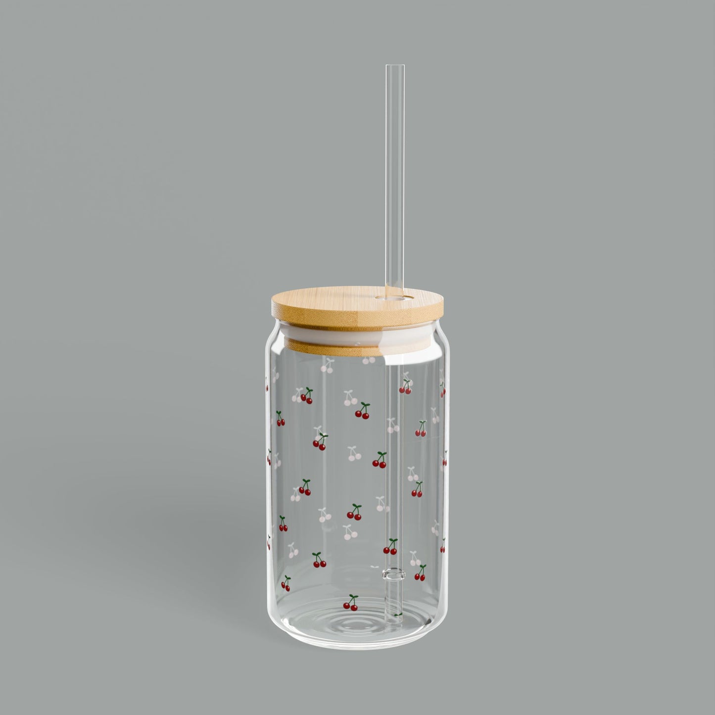 Cherry Pattern Glass Sipper Cup – Bamboo Lid & Straw