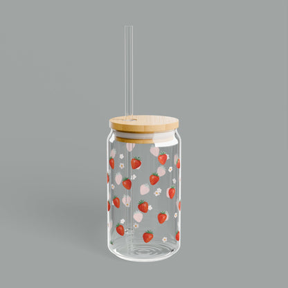 Strawberry Pattern Glass Cup — Bamboo Lid & Straw