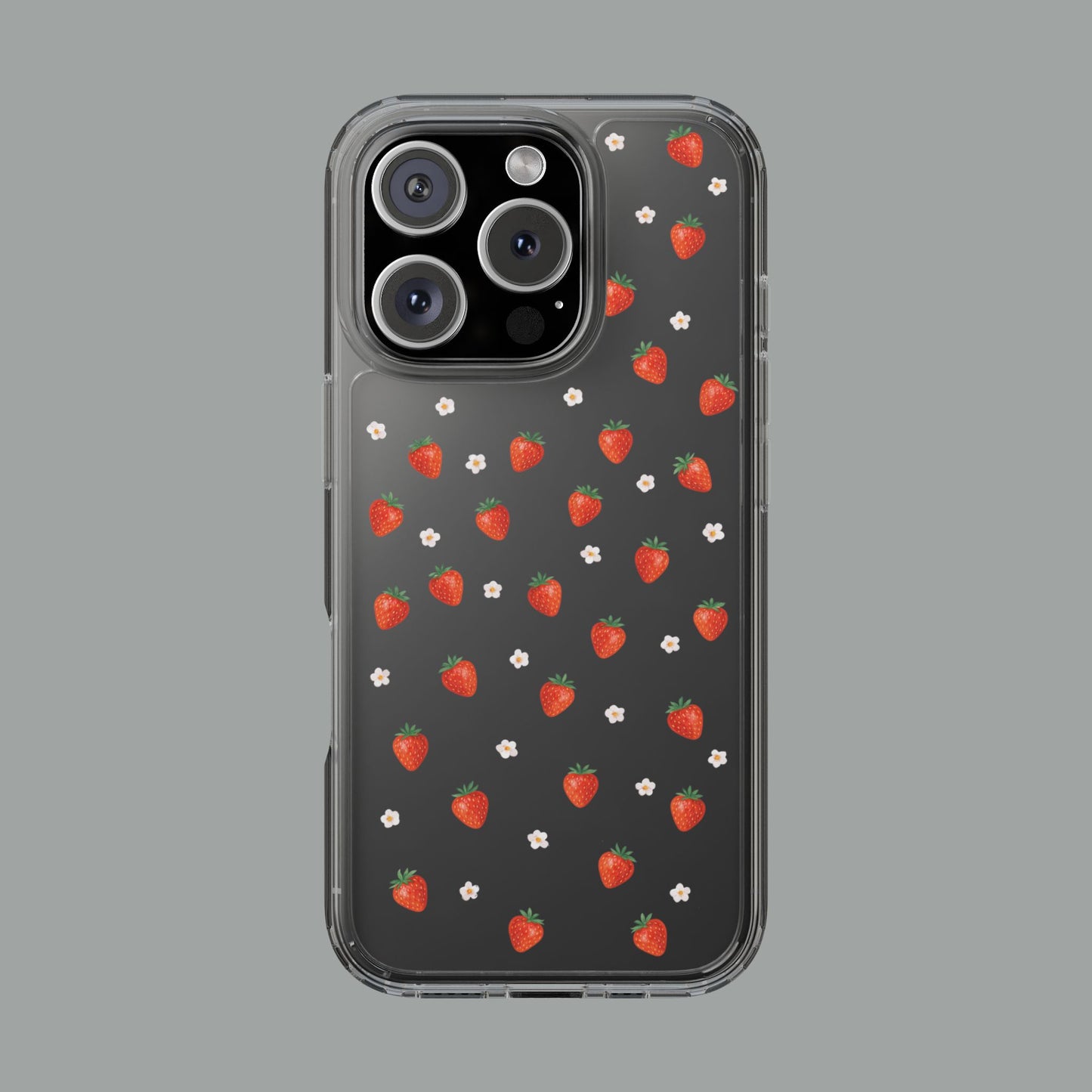 Strawberry Bloom Clear Phone Case — Minimal Floral Strawberry Pattern